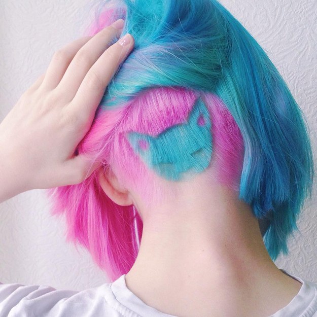 colourful hair cute undercut dye pink blue cat